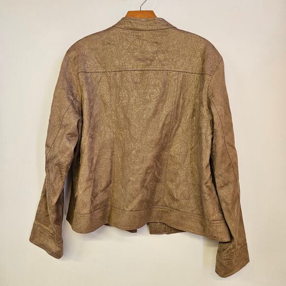 Chico's Jacquard Linea Blazer Jacket Size 2 / L Tan and Gold Accent Mature - Picture 2 of 10